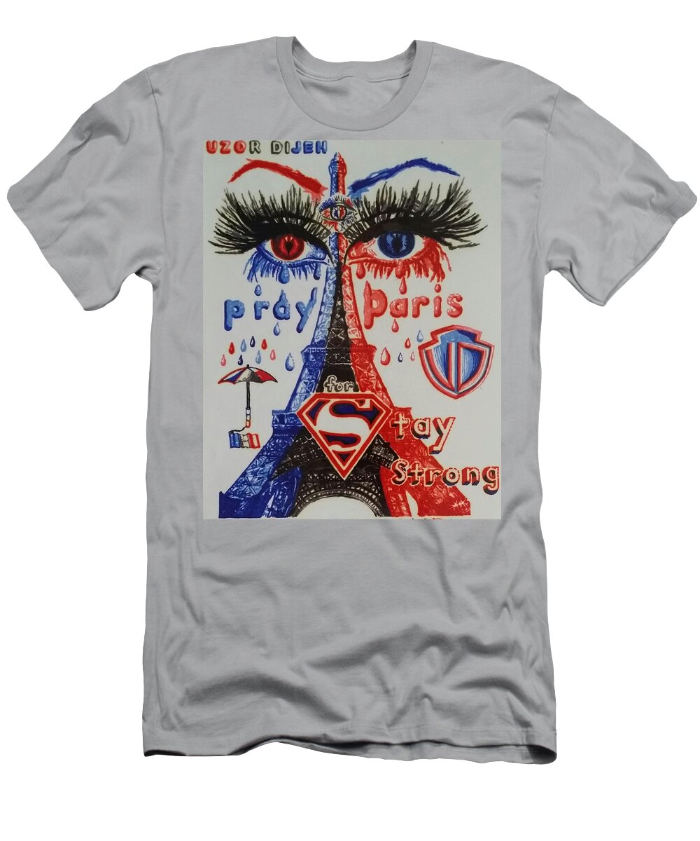 Blue Contemporary Cries Cry Eiffel Eyes France Markers Paris Permanent Portrait Red Sharpie Tears T-Shirt featuring the drawing Pray for Paris by Uzor Dijeh