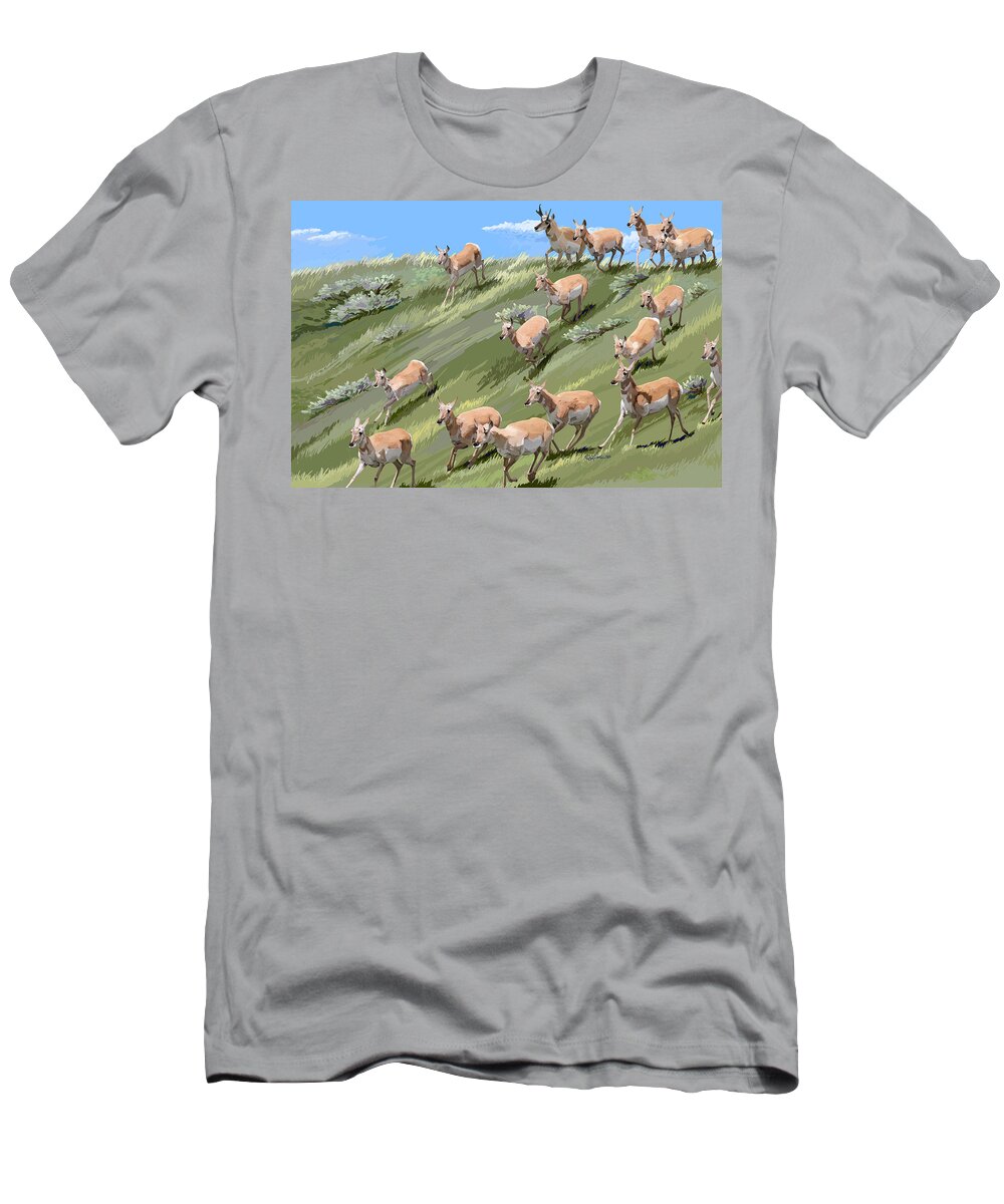Animals T-Shirt featuring the painting Pronghorn Promenade by Pam Little