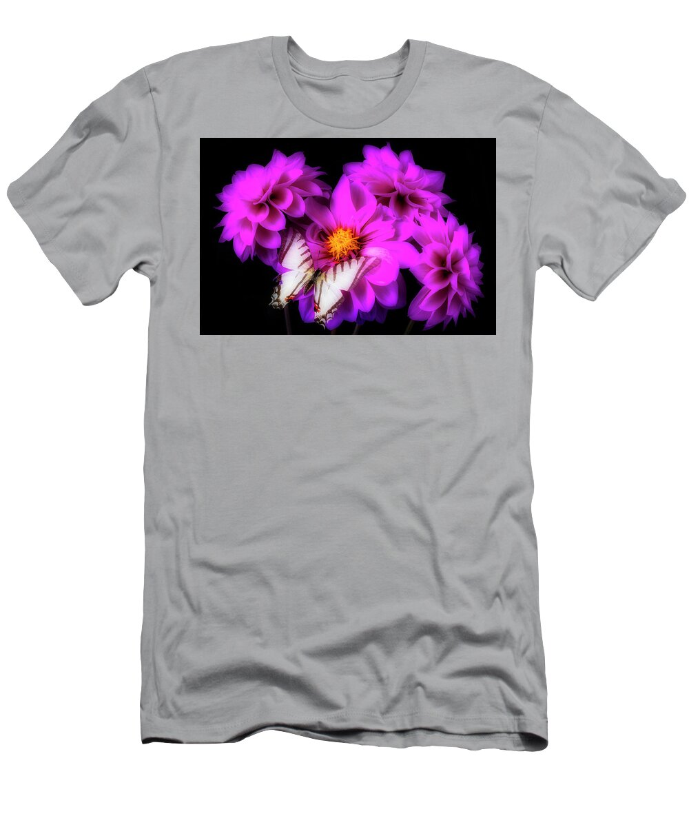 Butterfly T-Shirt featuring the photograph Purple Dahlias And Butterfly by Garry Gay
