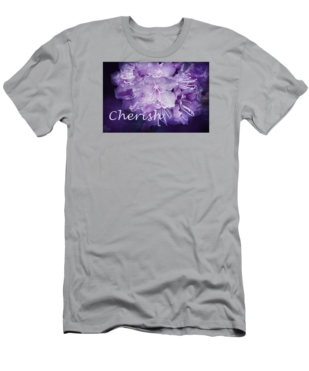 Rhododendron Print T-Shirt featuring the photograph Purple Rhododendron Inspirational Print by Gwen Gibson