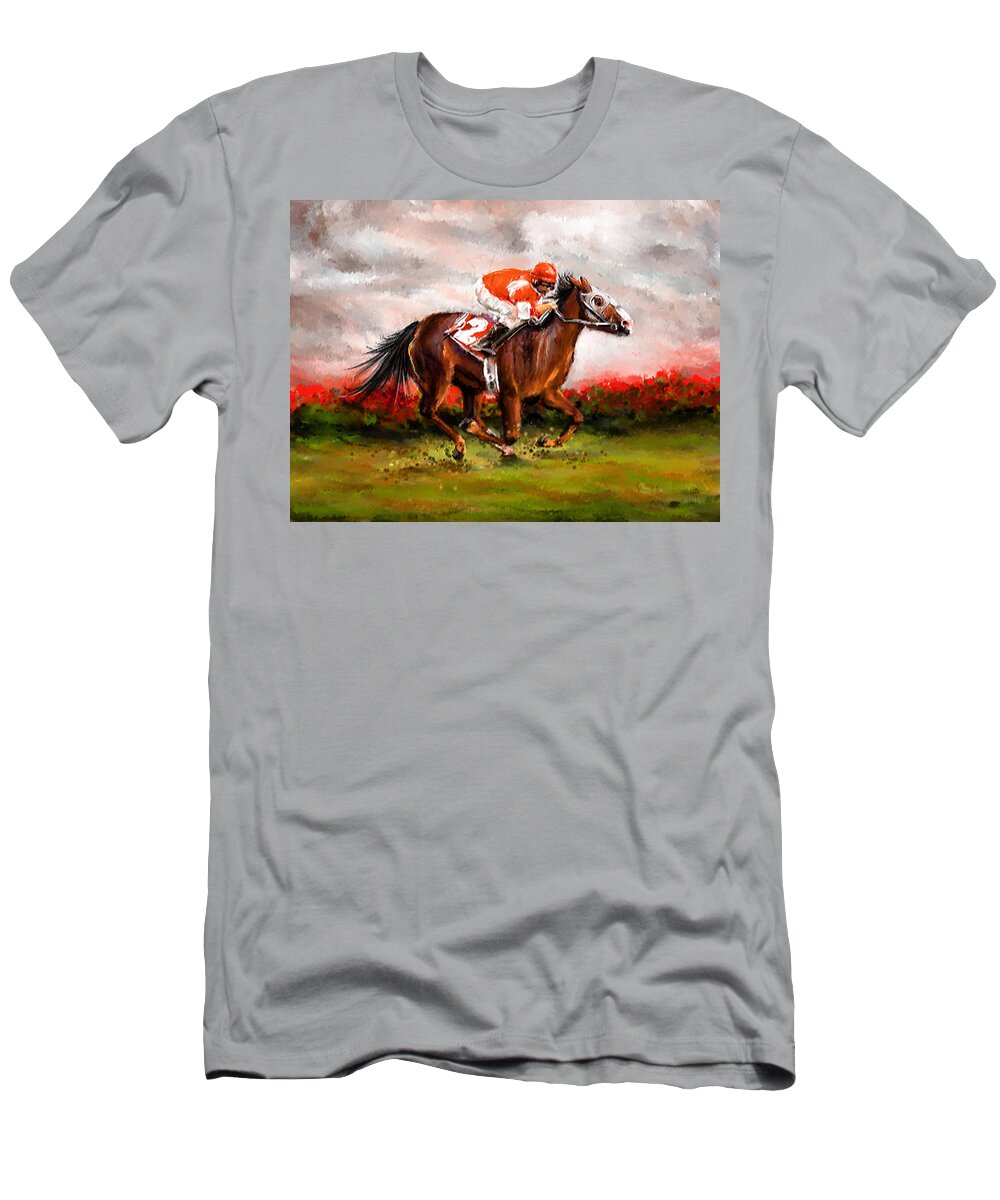 Horse Racing T-Shirt featuring the painting Quest For The Win - Horse Racing Art by Lourry Legarde