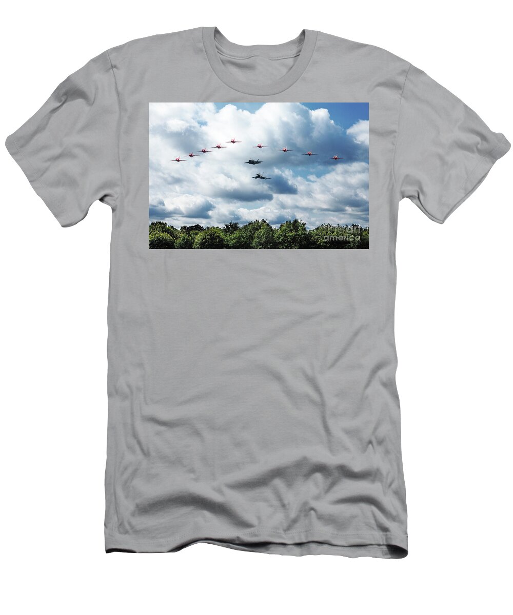 Red Arrows With F35 And Typhoons T-Shirt featuring the digital art RAF Fly By by Airpower Art