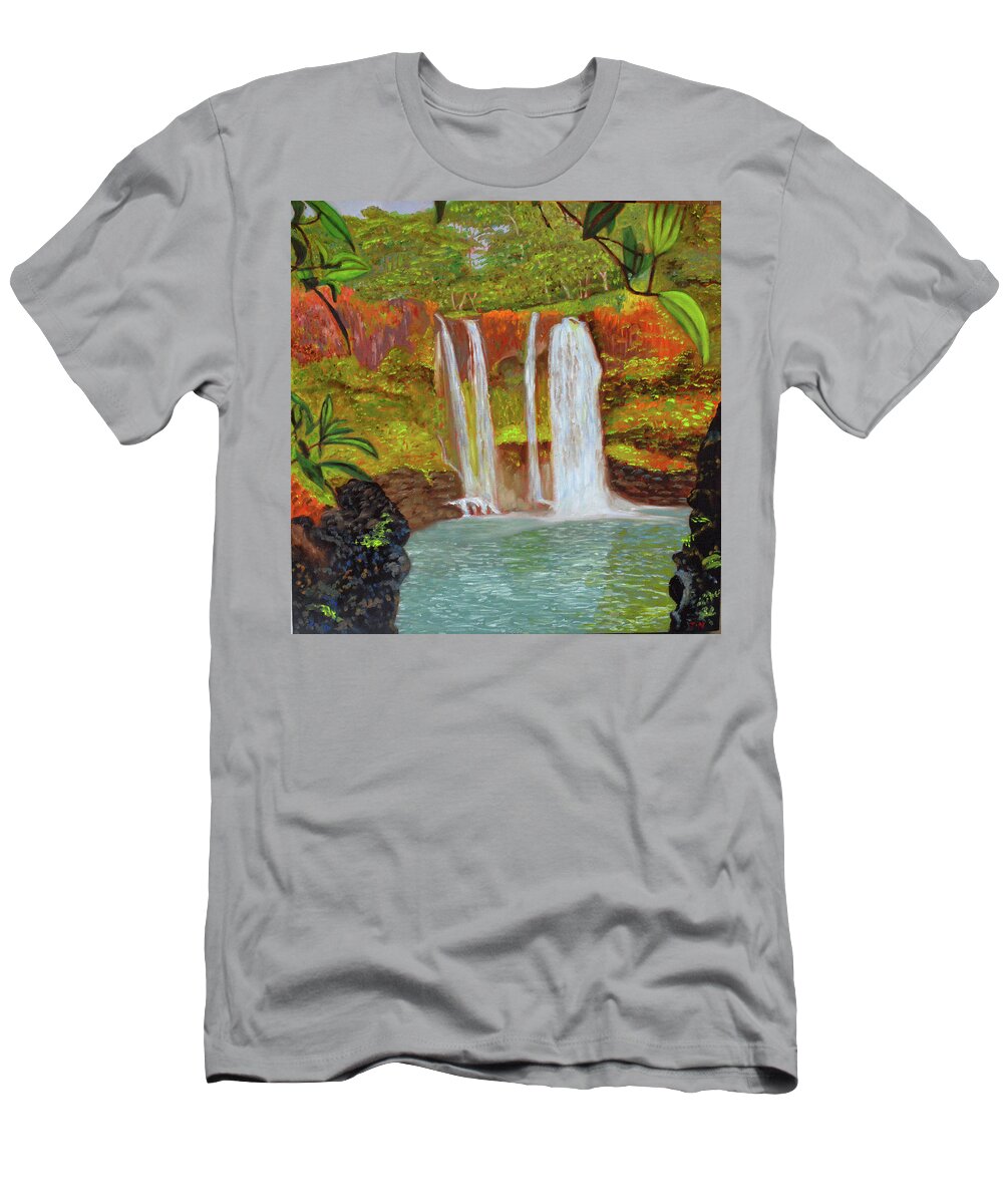 Hawaii T-Shirt featuring the painting Rainbow Falls by Thu Nguyen