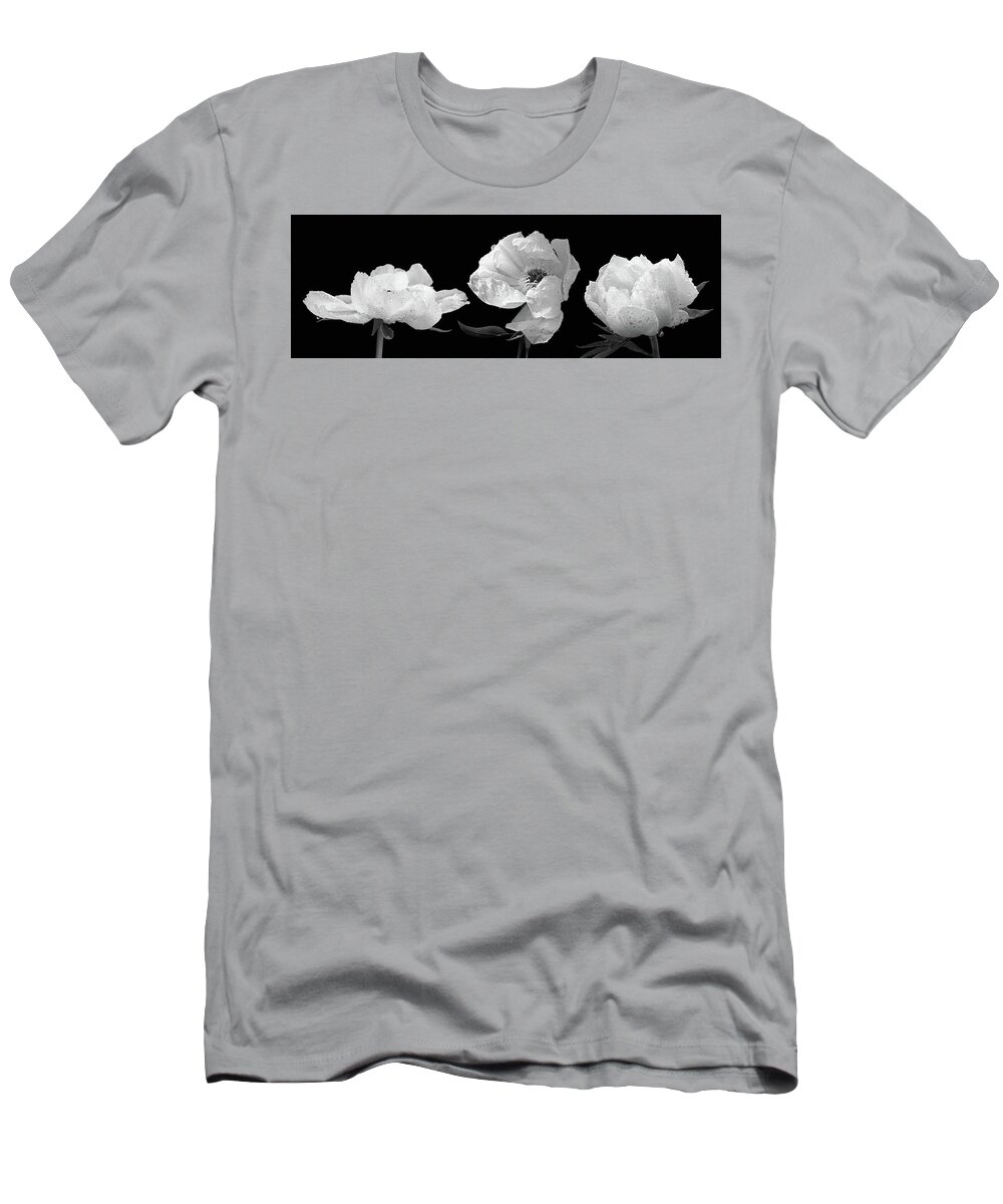 White Flower T-Shirt featuring the photograph Raindrops on Peonies Black and White Panoramic by Gill Billington