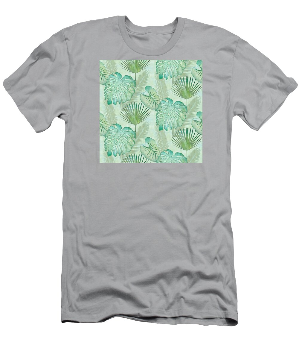 Rain T-Shirt featuring the painting Rainforest Tropical - Elephant Ear and Fan Palm Leaves Repeat Pattern by Audrey Jeanne Roberts