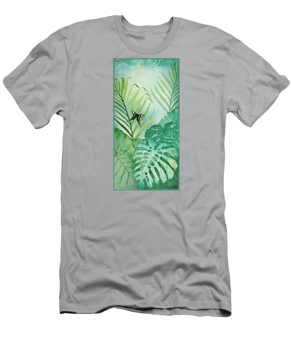 Jungle T-Shirt featuring the painting Rainforest Tropical - Philodendron Elephant Ear and Palm Leaves w Botanical Butterfly by Audrey Jeanne Roberts