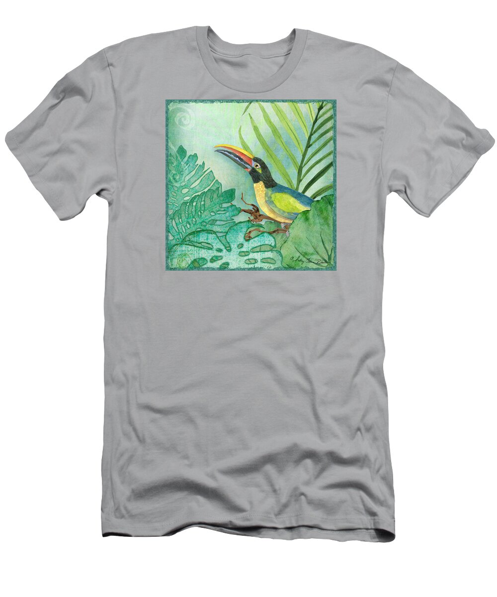 Square Format T-Shirt featuring the painting Rainforest Tropical - Jungle Toucan w Philodendron Elephant Ear and Palm Leaves 2 by Audrey Jeanne Roberts