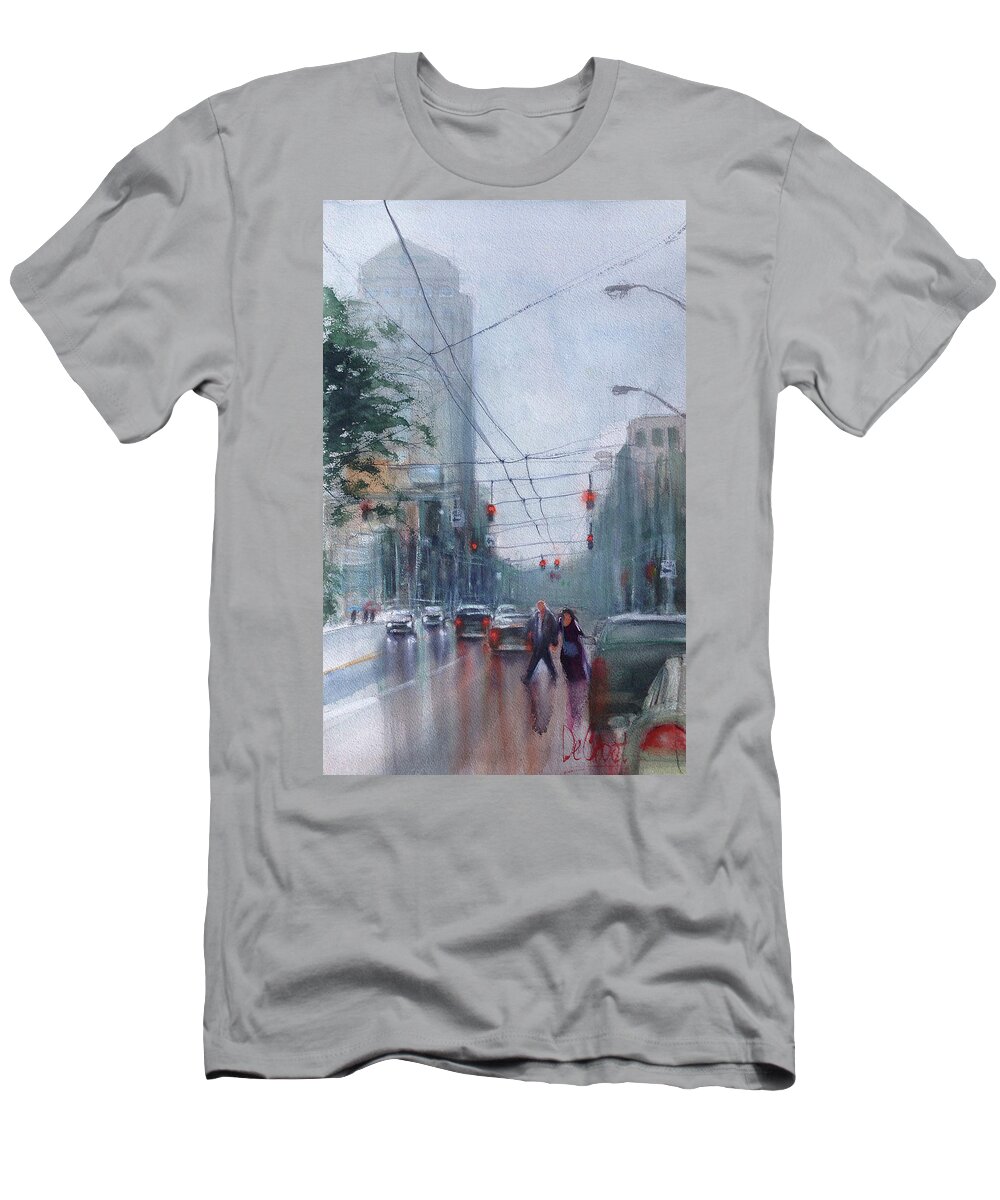 Dayton T-Shirt featuring the painting Rainy Downtown Dayton Day by Gregory DeGroat