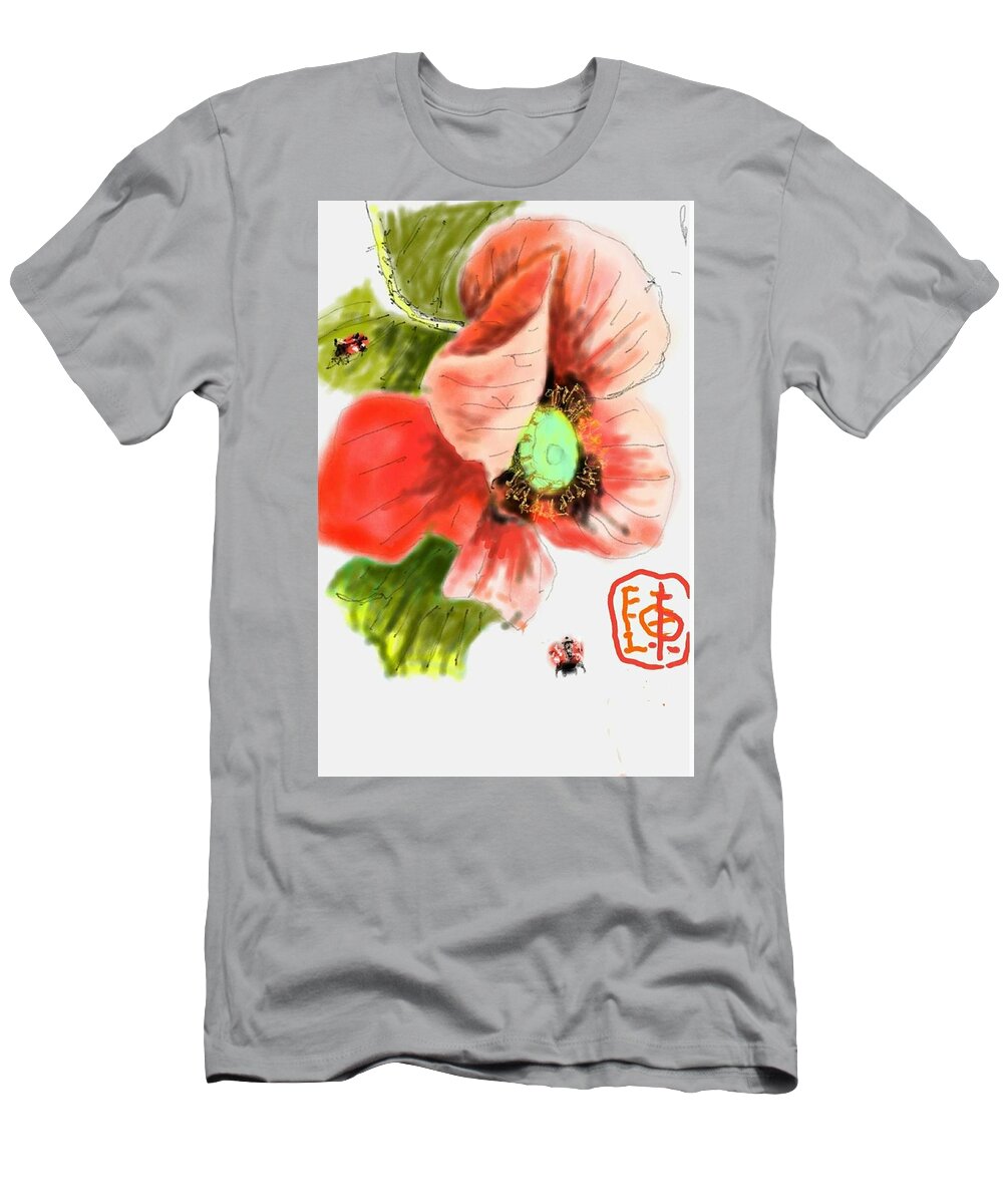 Flowers. Poppy. Red. Bee T-Shirt featuring the digital art Red is color of my loves hair by Debbi Saccomanno Chan