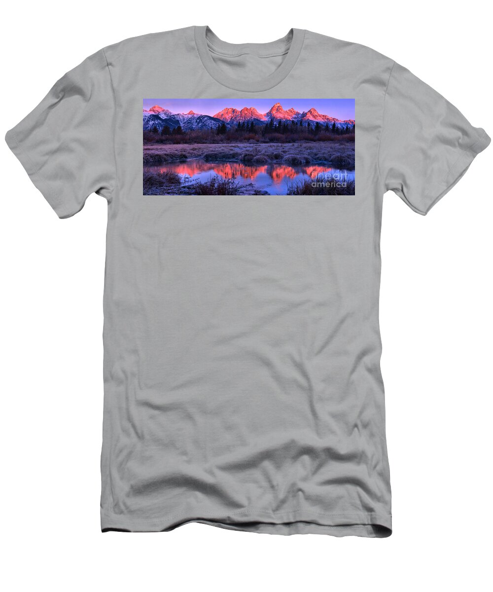 Grand Teton National Park T-Shirt featuring the photograph Red Morning Teton Peaks Panorama by Adam Jewell