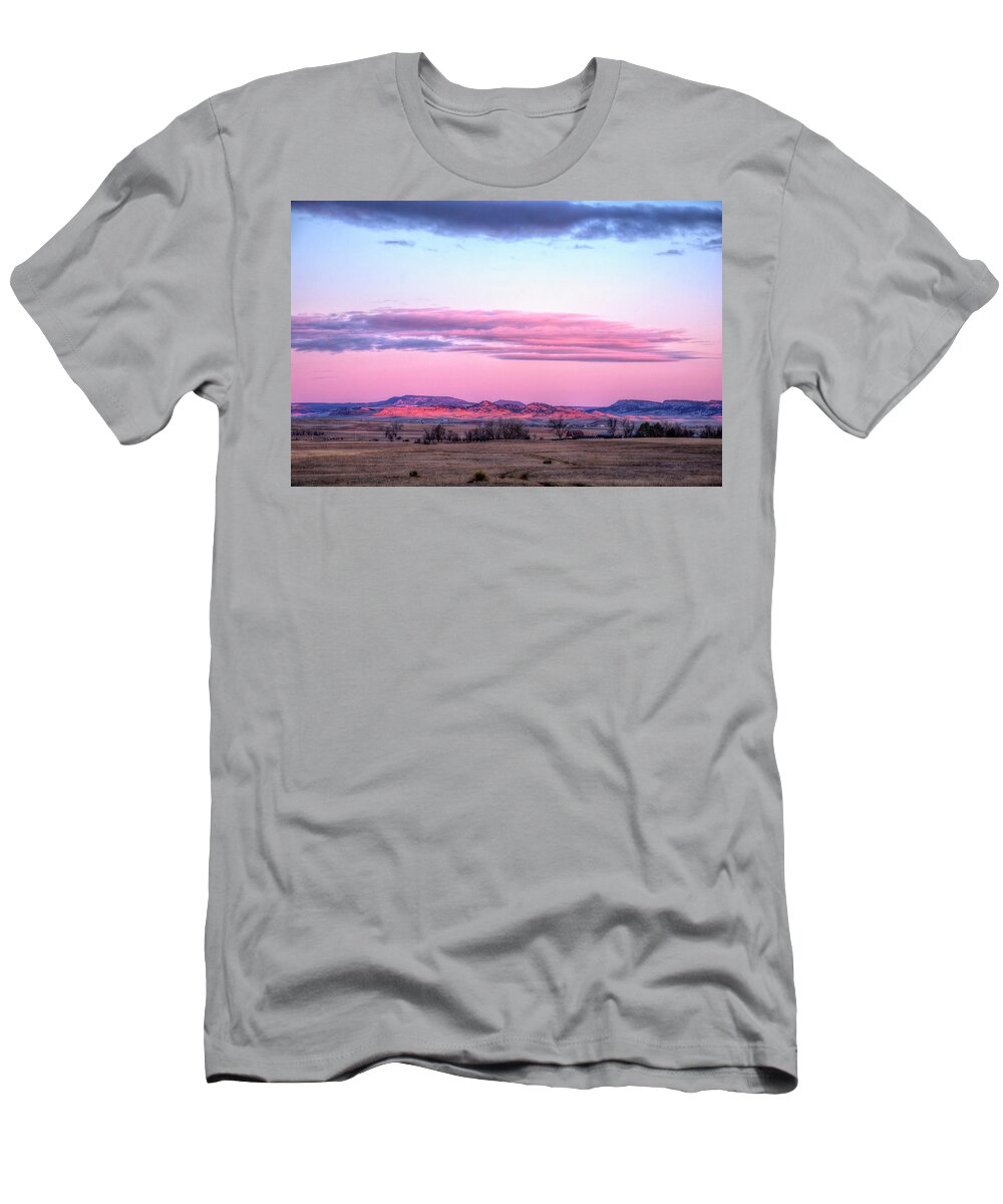 The Distant Black Hills Blush Red In The Sunrise. T-Shirt featuring the photograph Reddish Blush by Fiskr Larsen