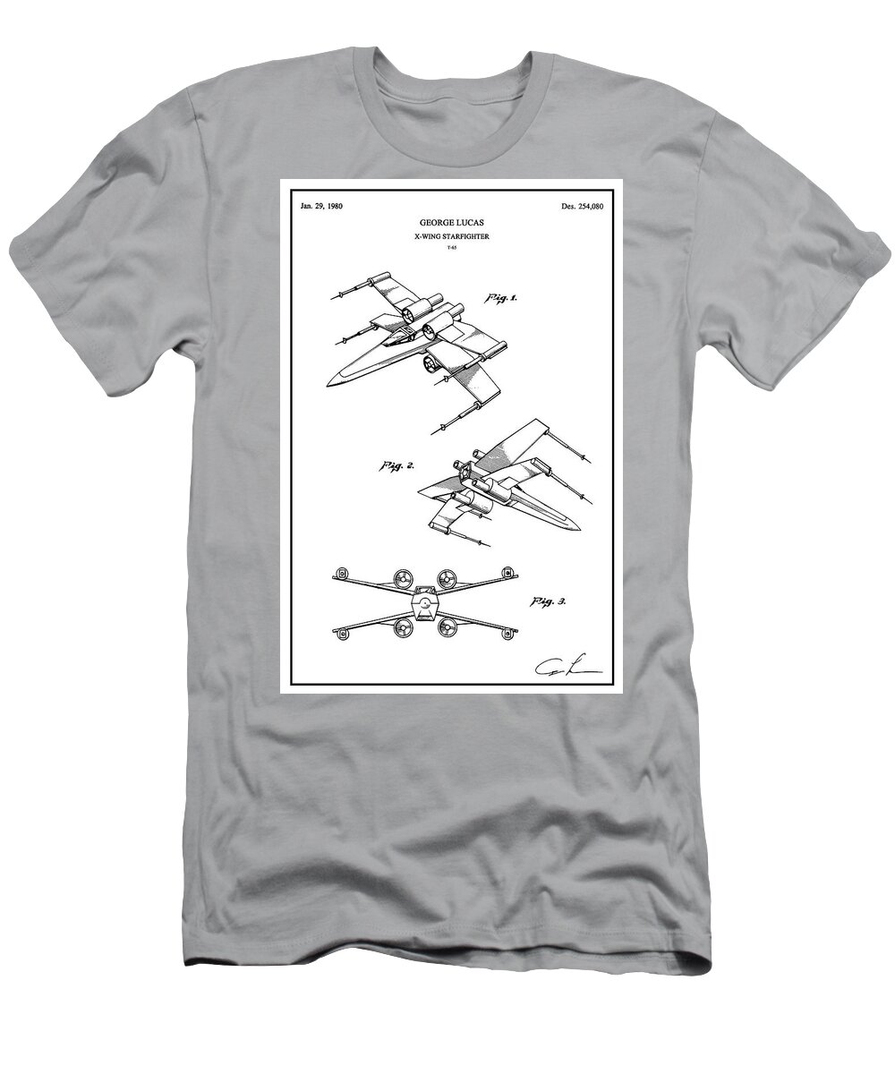 Star Wars T-Shirt featuring the digital art Restored Original Patent Drawing for the T-65 X-Wing Starfighter toy figurine from Star Wars by SP JE Art