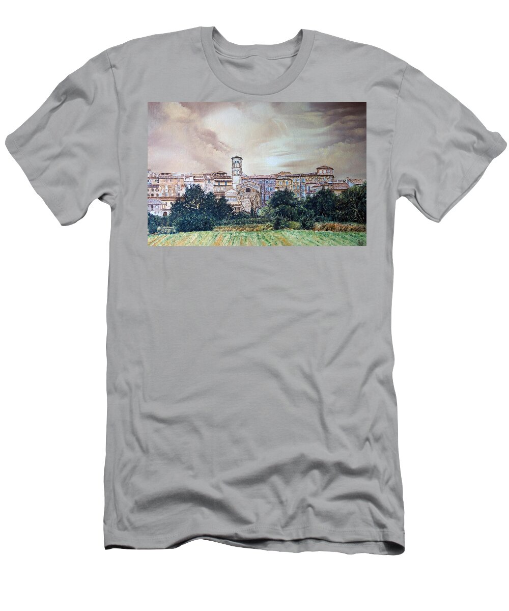 Field T-Shirt featuring the painting Rieti panoramic by Michelangelo Rossi