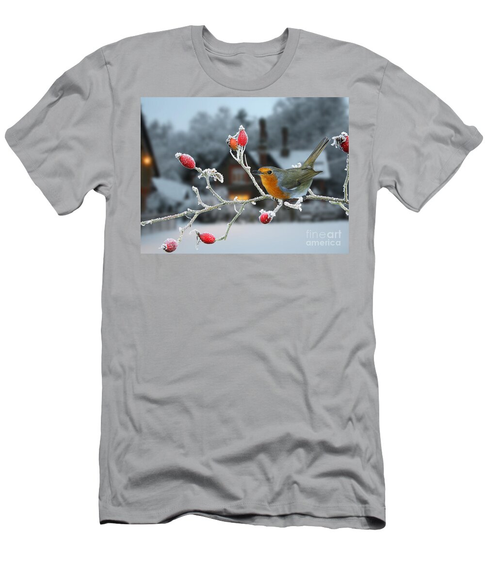 European Robin T-Shirt featuring the photograph Robin and rose hips by Warren Photographic