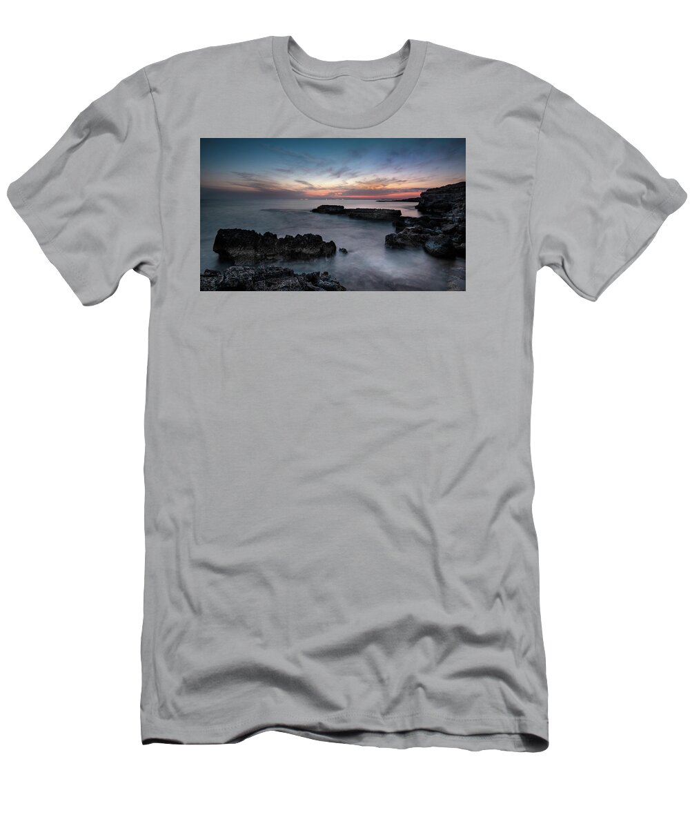 Michalakis Ppalis T-Shirt featuring the photograph Rocky Coastline and Beautiful Sunset by Michalakis Ppalis