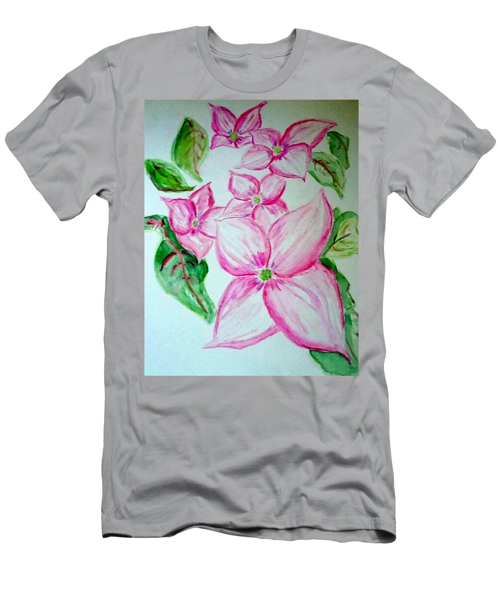 Watercolor T-Shirt featuring the painting Rosy Teacups Dogwood Painting by Stacie Siemsen