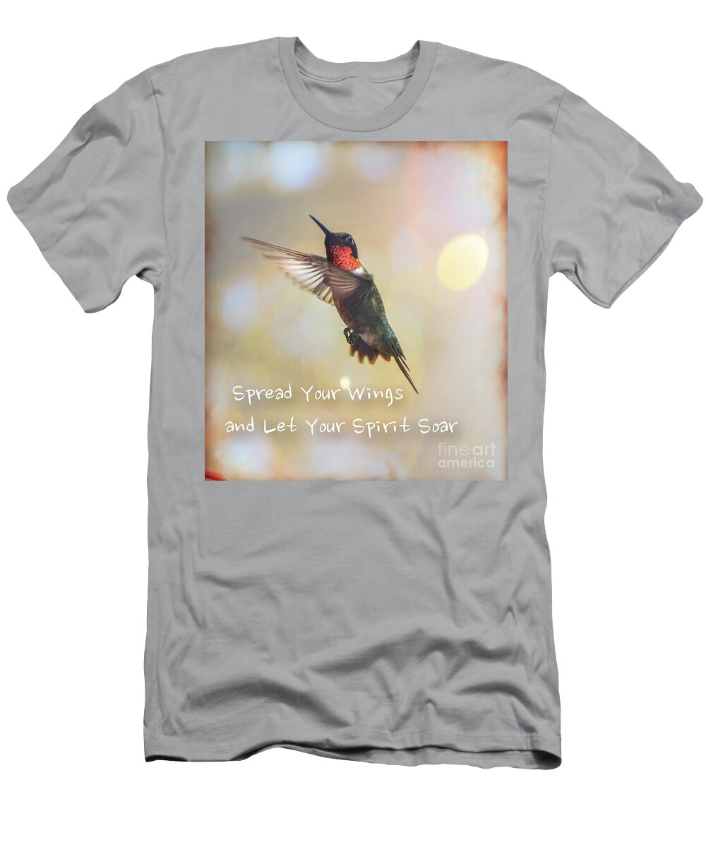  Ruby Red Throat Hummingbird T-Shirt featuring the photograph Ruby Red Hummingbird Soaring by Peggy Franz