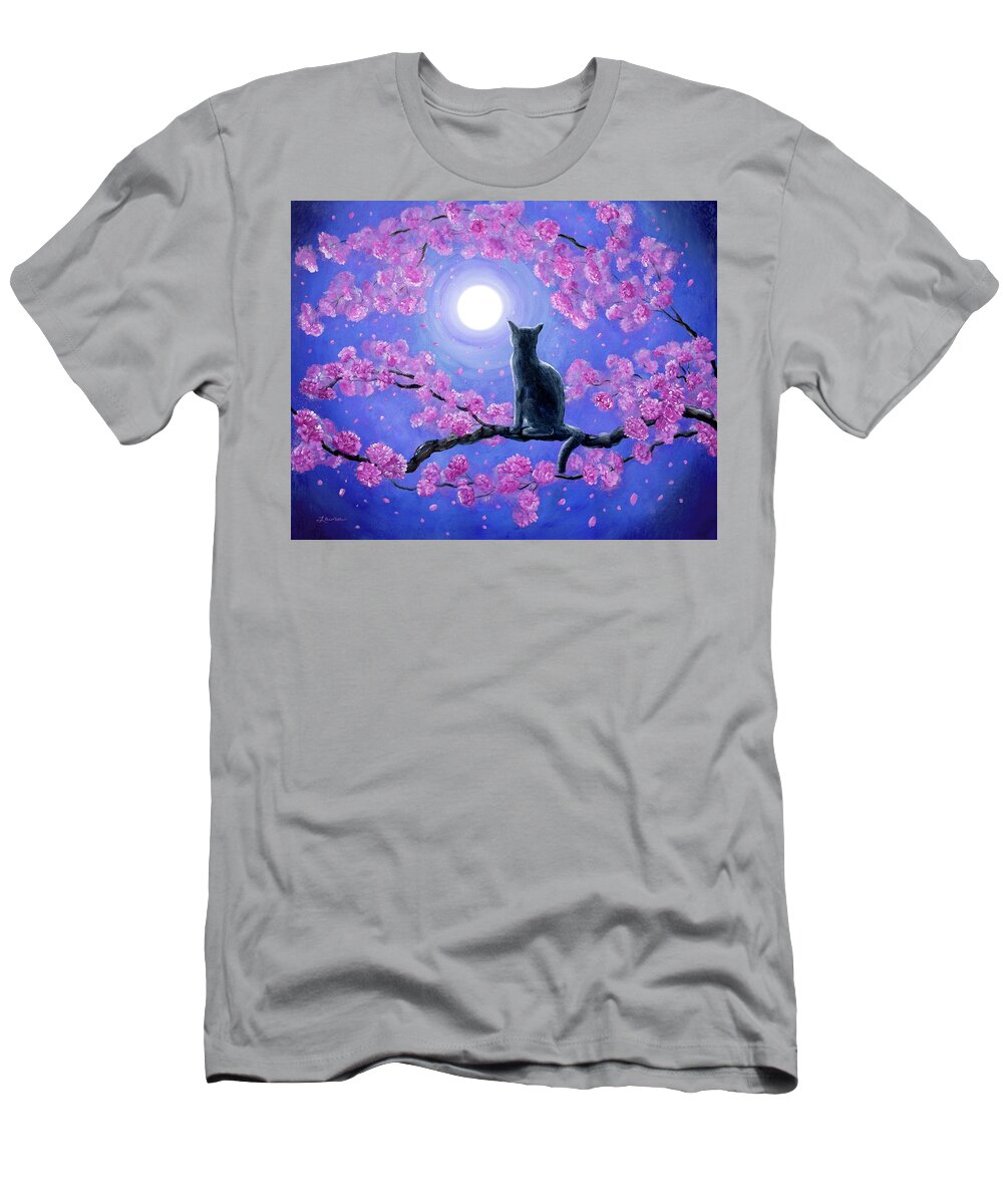 Kwanzan T-Shirt featuring the painting Russian Blue Cat in Pink Flowers by Laura Iverson