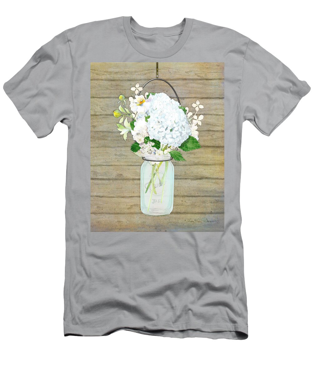 White Hydrangea T-Shirt featuring the painting Rustic Country White Hydrangea n Matillija Poppy Mason Jar Bouquet on Wooden Fence by Audrey Jeanne Roberts