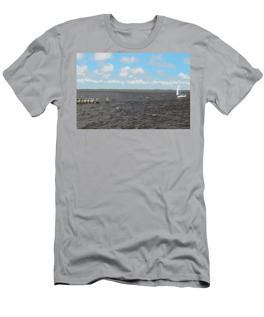 Sailboat T-Shirt featuring the painting Sailboat on the bay by Darrell Foster