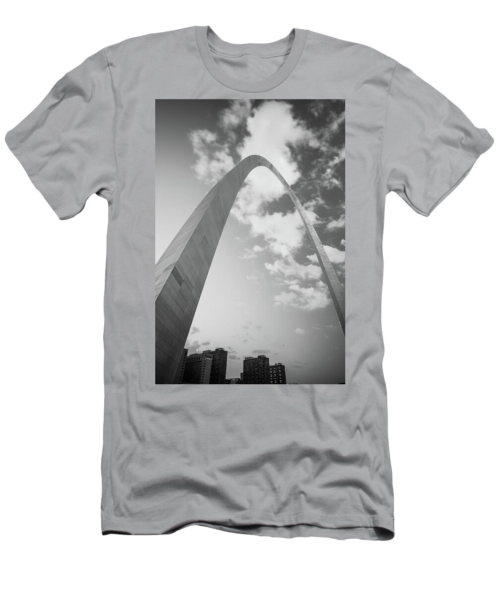 Saint Louis T-Shirt featuring the photograph Saint Louis Vertical Arch and Skyline Black and White by Gregory Ballos