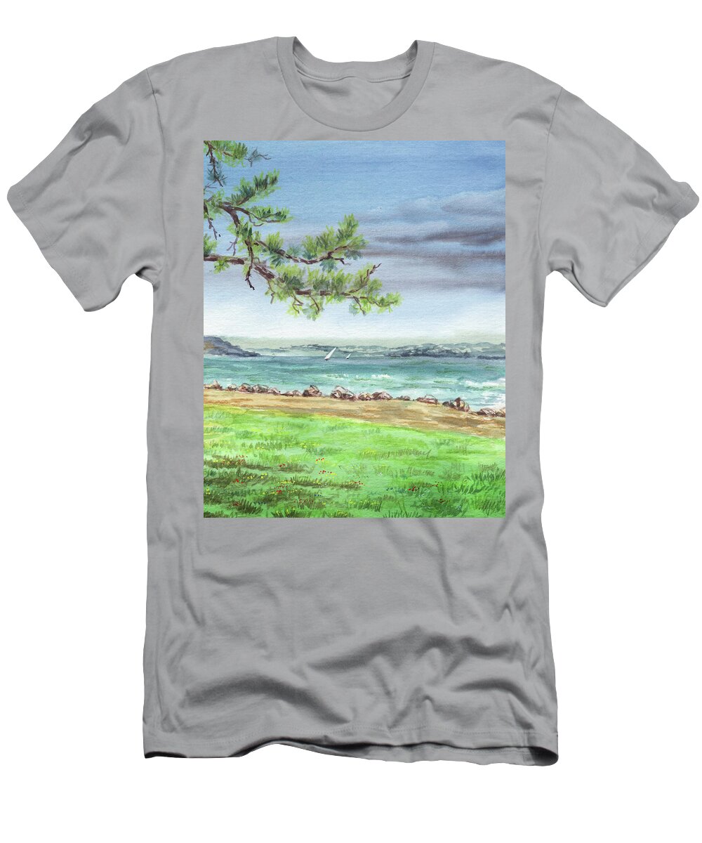 Boats T-Shirt featuring the painting San Francisco Bay Shore Watercolour Landscape by Irina Sztukowski