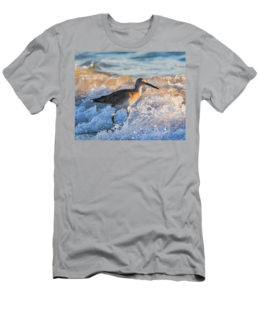 Baird's T-Shirt featuring the photograph Sandpiper Bathing at Sunset by Artful Imagery