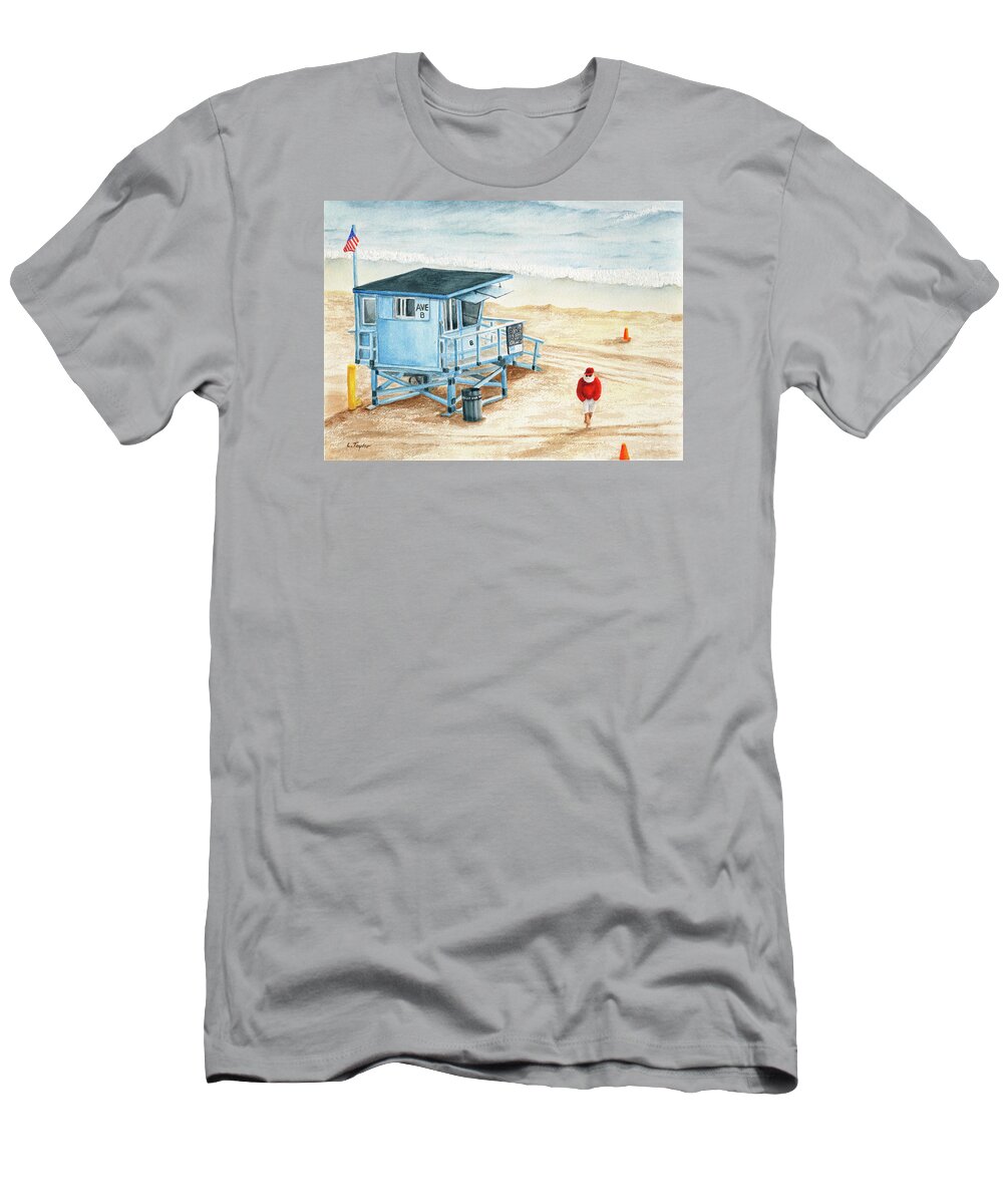 Santa On The Beach T-Shirt featuring the painting Santa is on the Beach by Lori Taylor