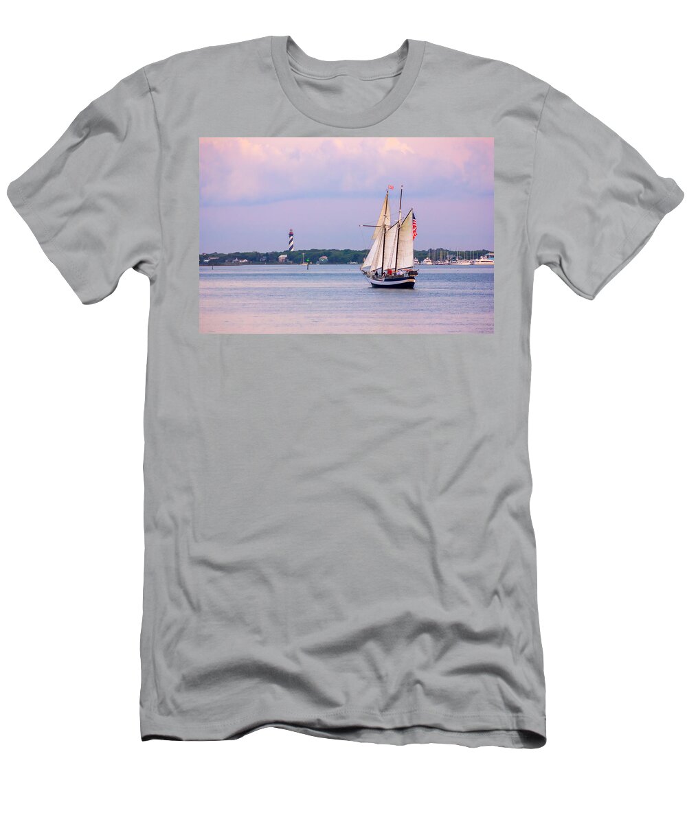 America T-Shirt featuring the photograph Scooner Freedom Near St. Augustine Lighthouse by Traveler's Pics