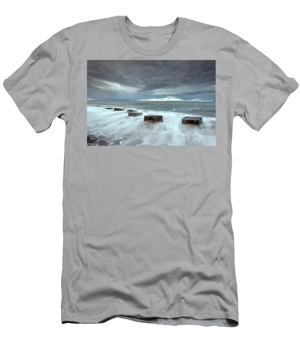 Sea Defenses T-Shirt featuring the photograph Sea defenses at high tide by Anita Nicholson