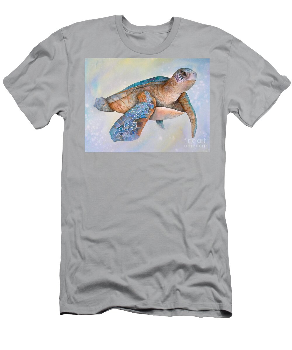 Sea Turtle T-Shirt featuring the painting Sea Turtle- Twilight Swim by Midge Pippel