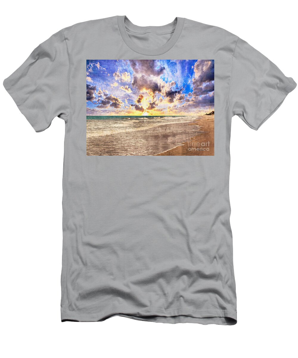 Aqua T-Shirt featuring the painting Seascape Sunset Impressionist Digital Painting B7 by Ricardos Creations