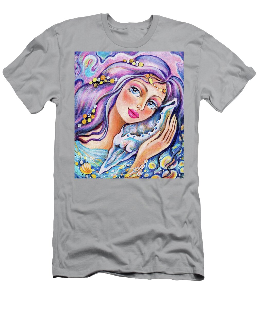 Woman And Sea T-Shirt featuring the painting Seashell Reverie by Eva Campbell
