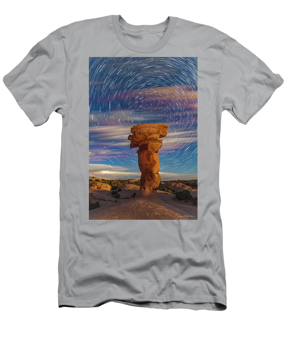 Moab T-Shirt featuring the photograph Secret Spire and Star Trails by Dan Norris