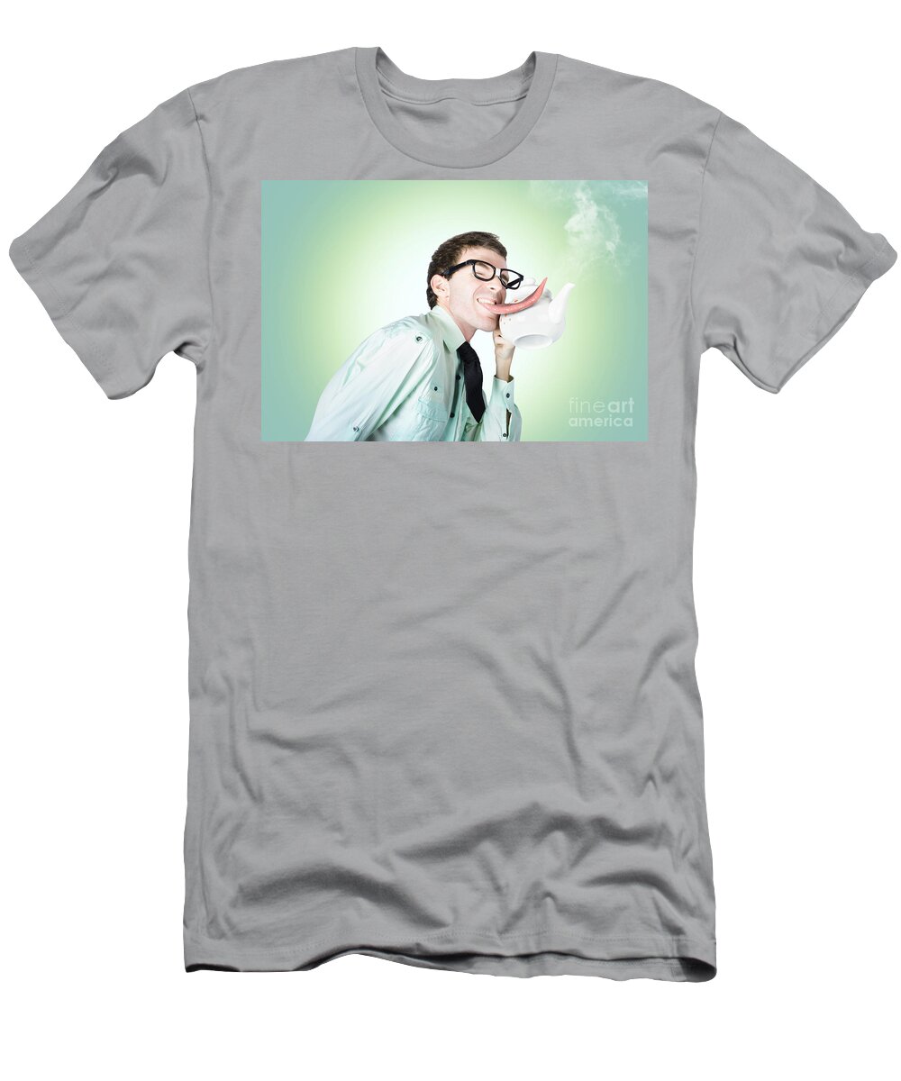 Coffee T-Shirt featuring the photograph Sensual dorky man preparing for coffee love by Jorgo Photography