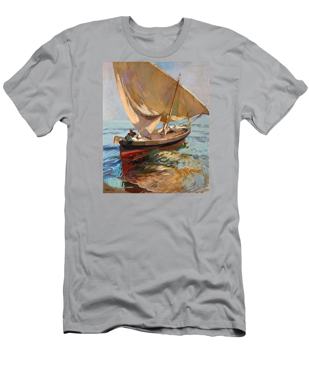 Joaquin Sorolla Y Bastida T-Shirt featuring the painting Setting out to Sea. Valencia by Joaquin Sorolla y Bastida