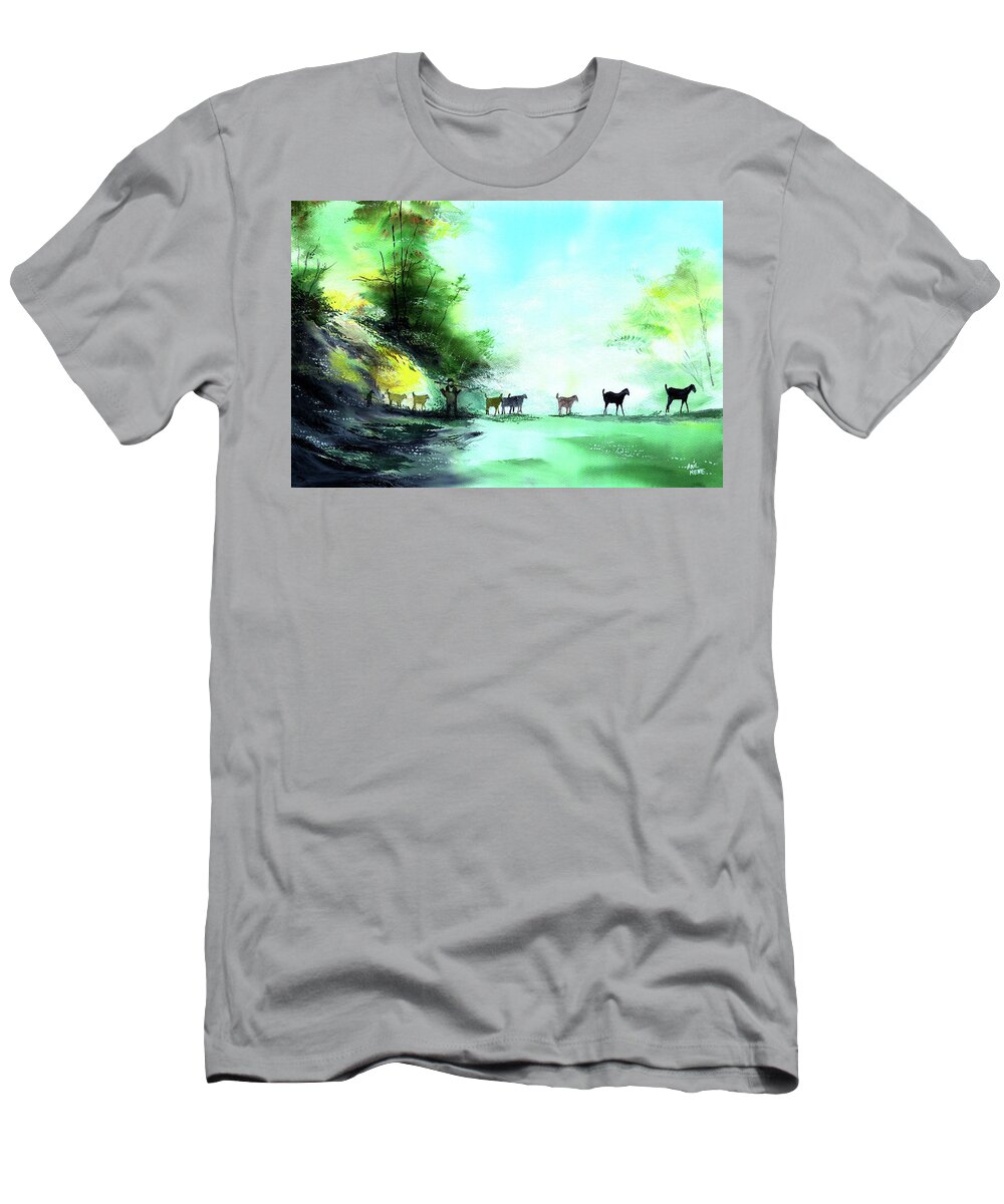 Nature T-Shirt featuring the painting Shepherd by Anil Nene