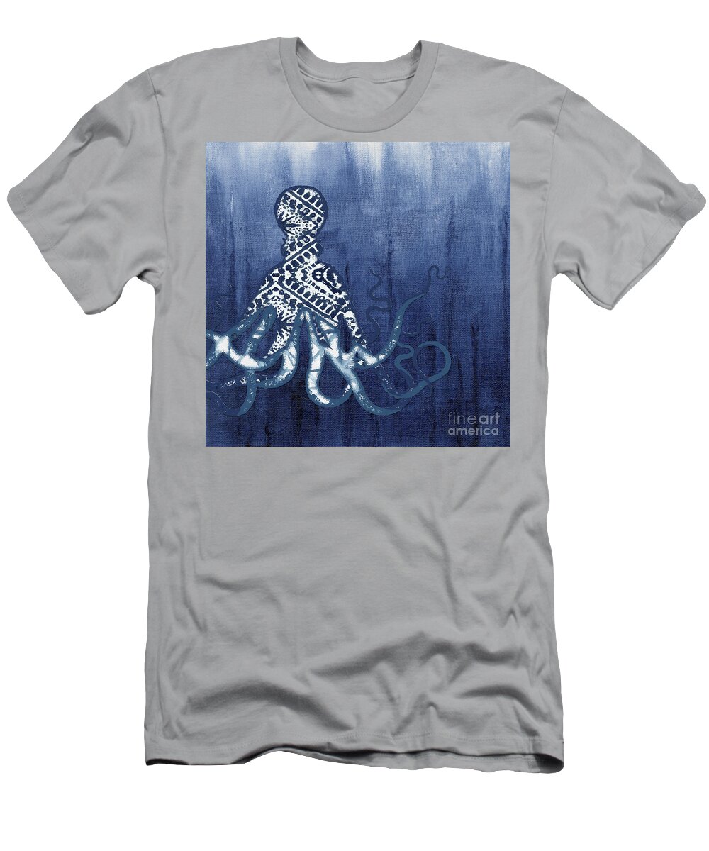 Octopus T-Shirt featuring the painting Shibori Blue 2 - Patterned Octopus over Indigo Ombre Wash by Audrey Jeanne Roberts
