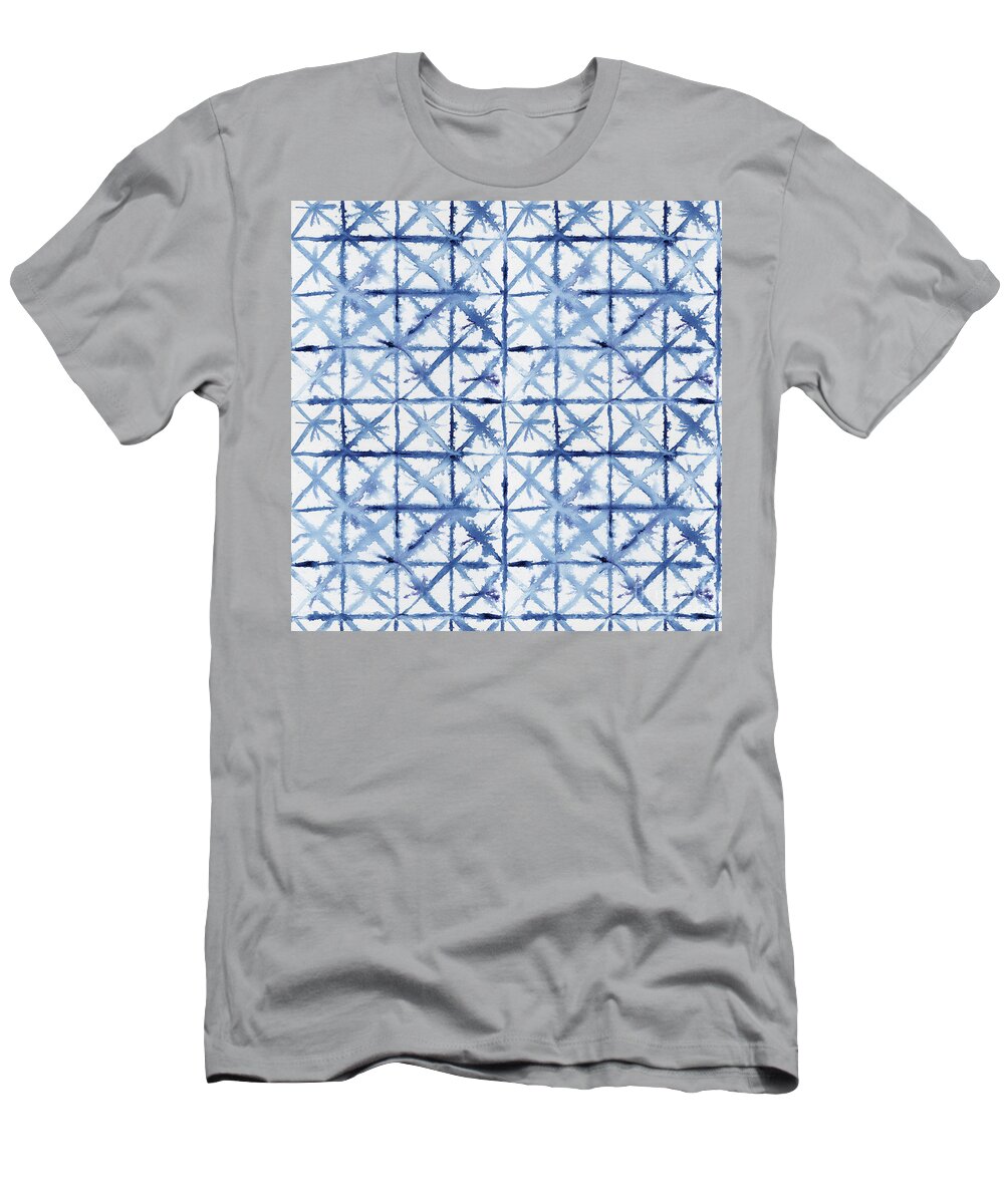 Shibori T-Shirt featuring the painting Shibori Kubo Watecolor X Pattern Line Work Indigo Blue by Audrey Jeanne Roberts