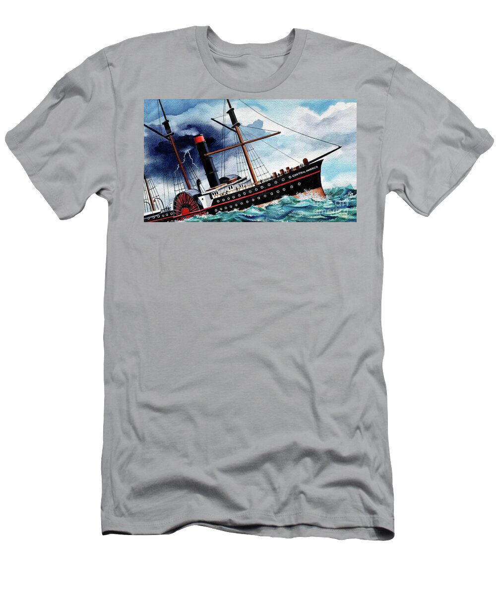 Ship Of Gold T-Shirt featuring the painting Ship of Gold Storm Sinking by Rick Mock