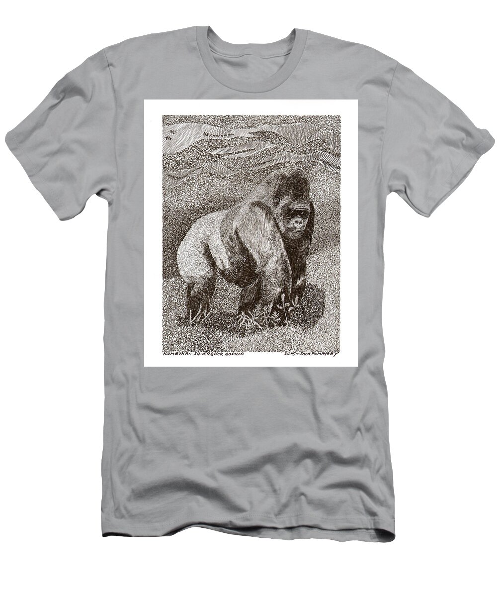 Pen & Ink Drawing Of Kumbuka T-Shirt featuring the drawing Gorilla of my dreams by Jack Pumphrey