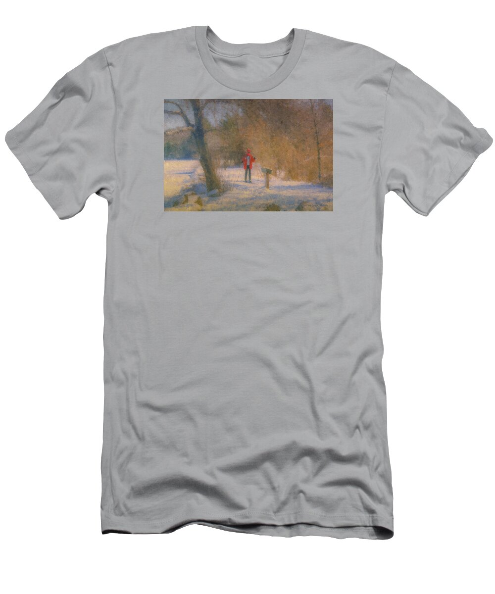 Skier T-Shirt featuring the painting Skier on Pond Edge Trail at Borderland by Bill McEntee