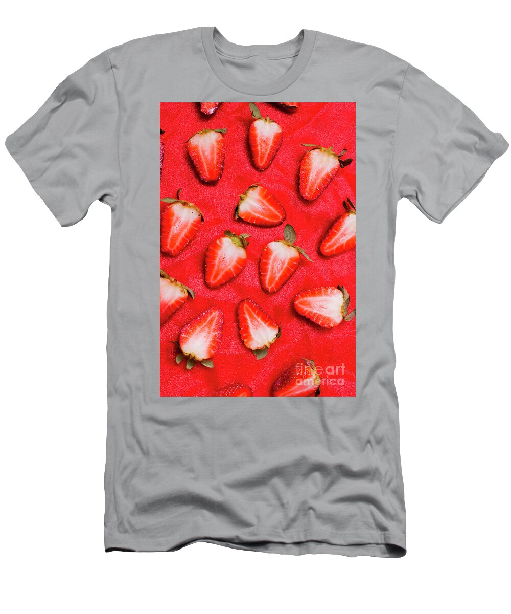 Fruits T-Shirt featuring the photograph Sliced red strawberry background by Jorgo Photography