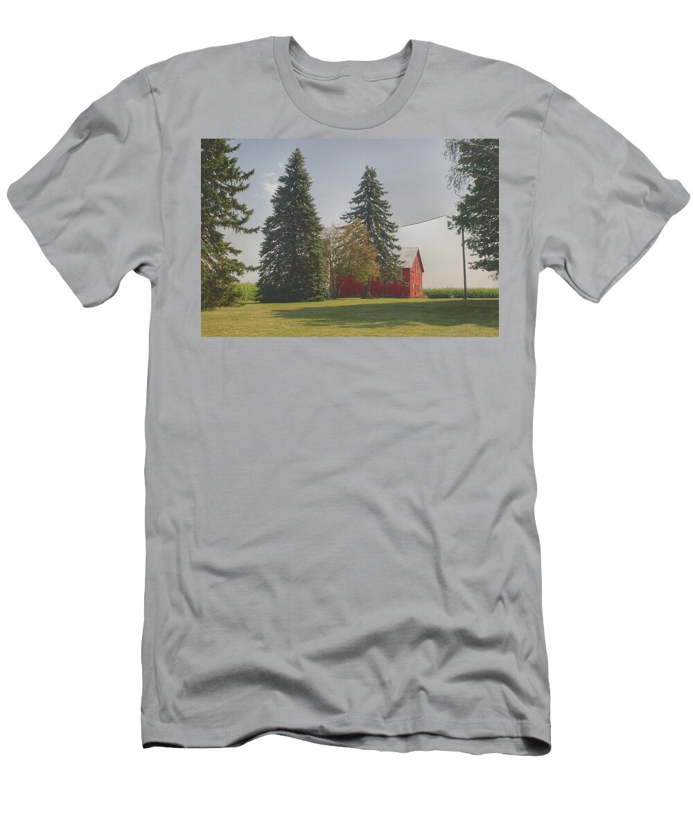 Barn T-Shirt featuring the photograph 0045 - Small Red Barn Beneath the Pines by Sheryl L Sutter