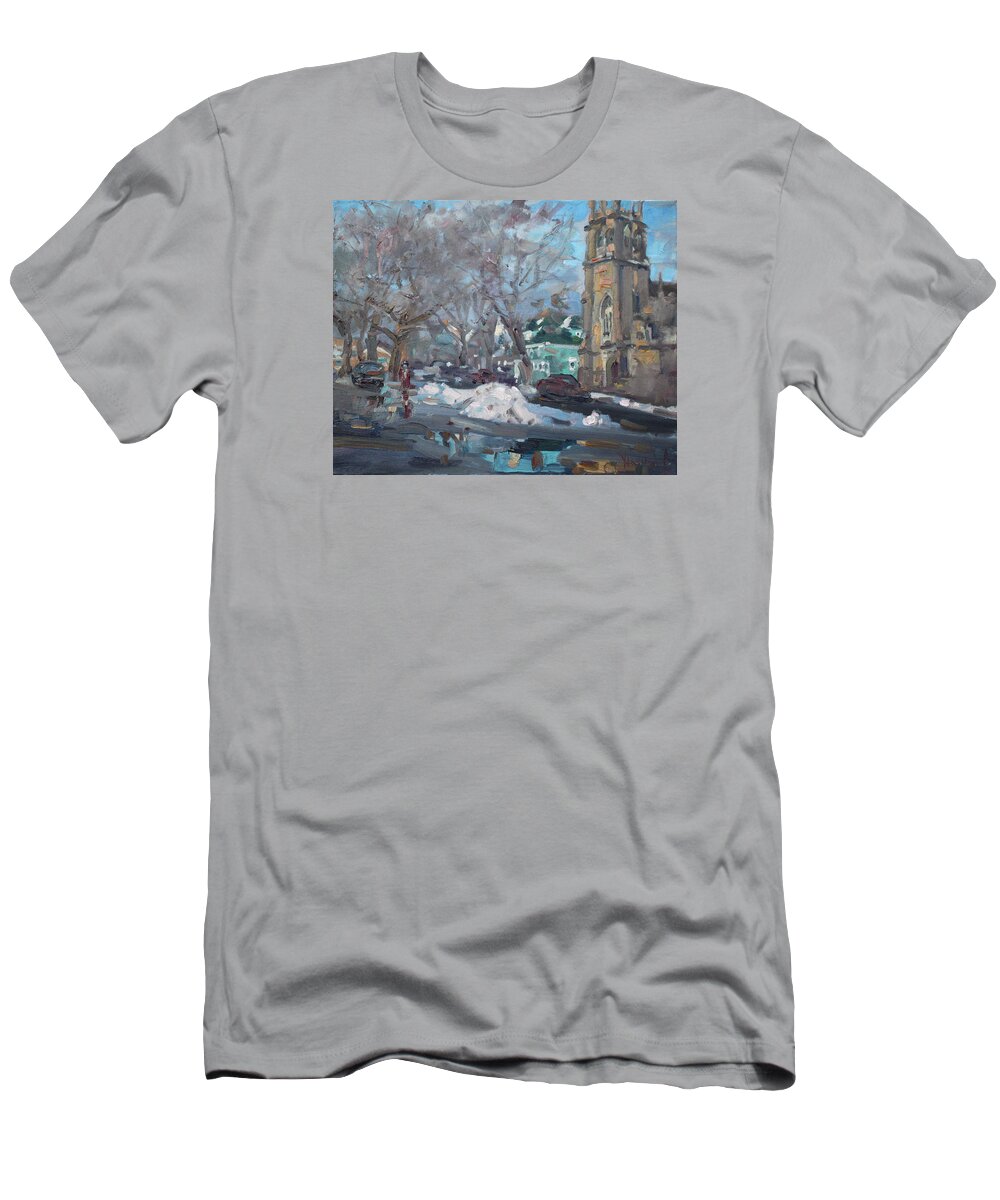 Winter T-Shirt featuring the painting Snow Day at 7th st by Potters House Church by Ylli Haruni