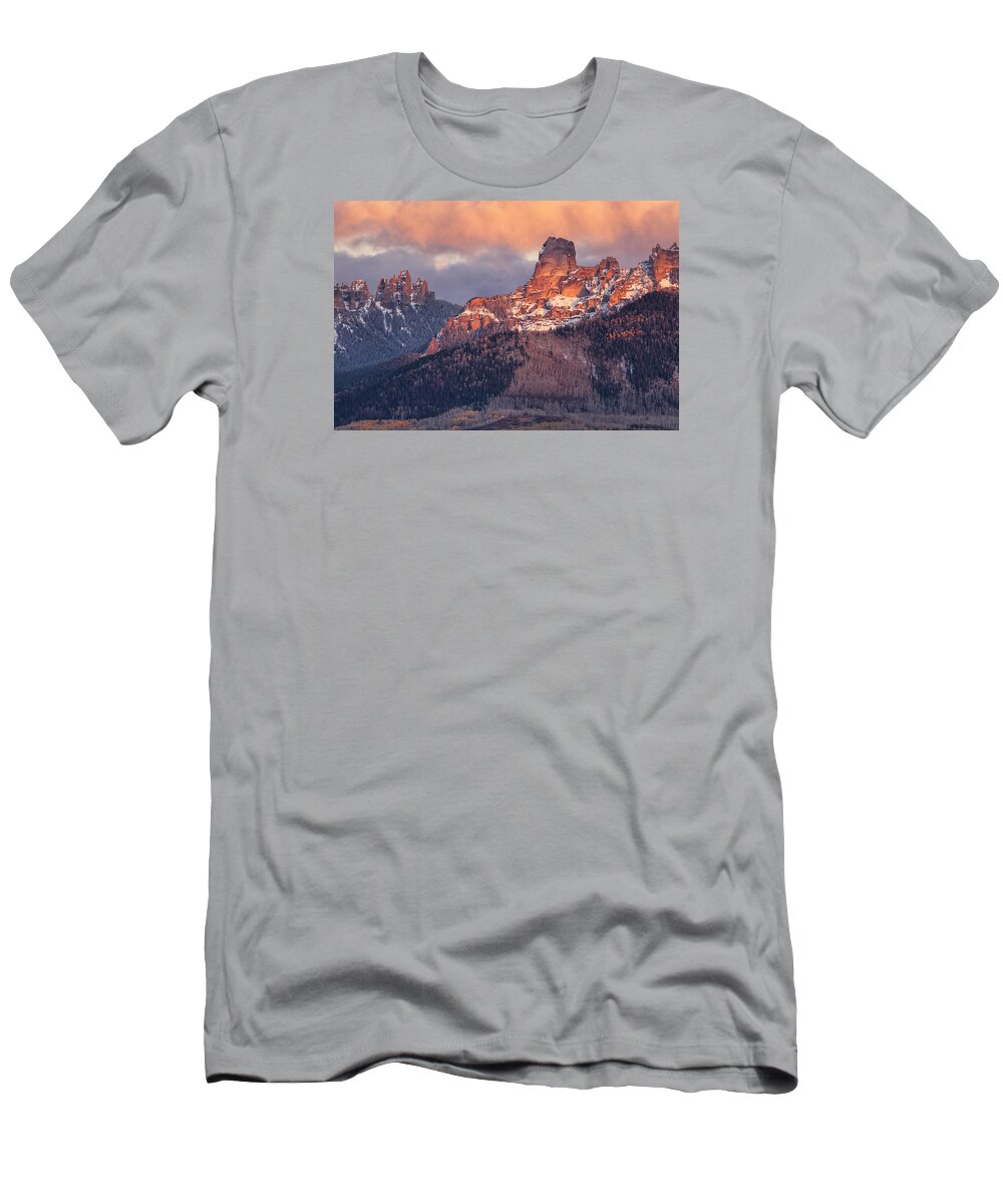 Chimney Rock T-Shirt featuring the photograph Snow On Chimney Rock by Denise Bush