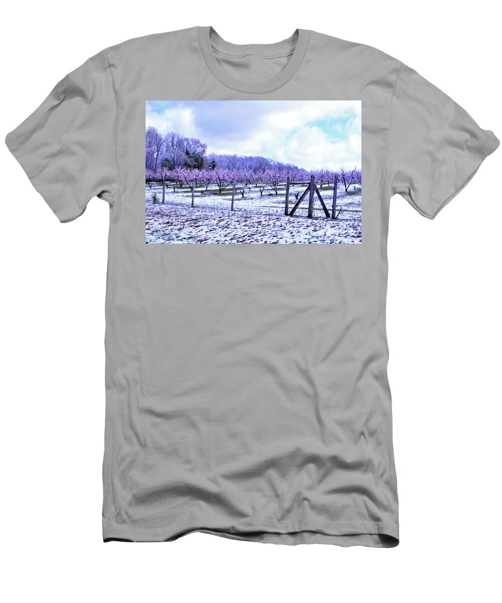 Peaches T-Shirt featuring the photograph Snowy Peach Orchard by Lydia Holly