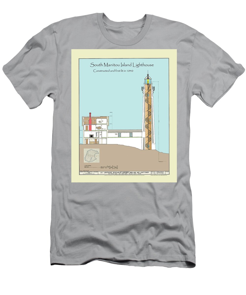 South Manitou Island Lighthouse T-Shirt featuring the drawing South Manitou Island Lighthouse Color Drawing by Jerry McElroy