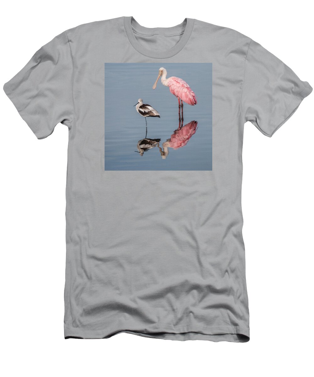 Spoonbill T-Shirt featuring the photograph Spoonbill, American Avocet, and Reflection by Dorothy Cunningham
