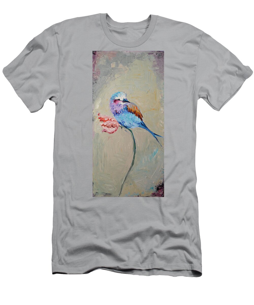 Oil T-Shirt featuring the painting Spring Song - Bird on Tulip by Soos Roxana Gabriela